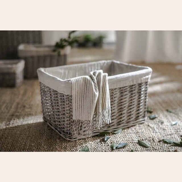 CANASTO DE FIBRAS GRIS LAVADO Y LIENZO - 46 x 31 cms