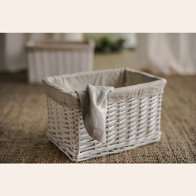 CANASTO DE FIBRAS BLANCO Y LIENZO - 41 x 26 cms