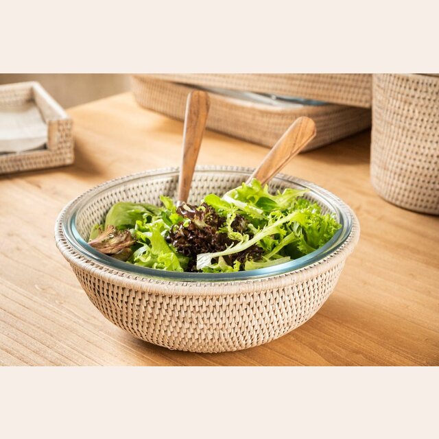 ENSALADERA DE VIDRIO Y RATTAN WHITE