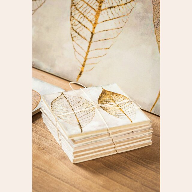  JUEGO 6 POSAVASOS DE MADERA Y ESTAMPA - HOJAS 