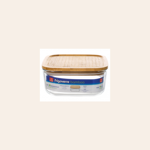 RECIPIENTE DE VIDRIO Y BAMBOO - 19 X 19 CMS