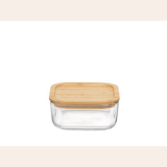 RECIPIENTE VIDRIO Y BAMBOO - 15 X 15 CMS