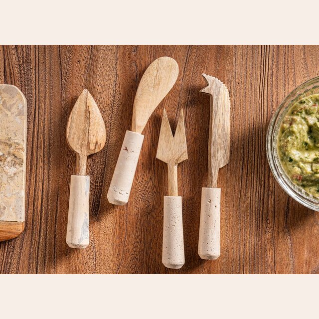 SET 4 CUCHILLOS DE QUESO MADERA Y TRAVERTINO
