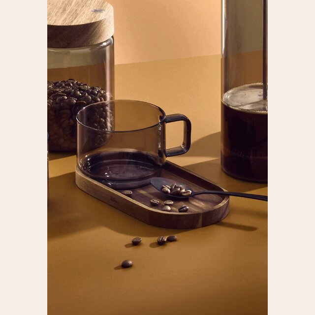 SET TAZA DE VIDRIO Y PLATO MADERA ACACIA - AD HOC